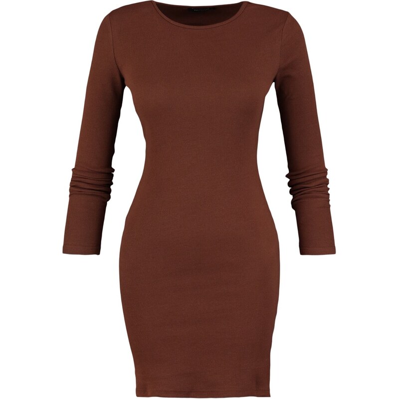 Trendyol Brown Low-Cut Back, Fitted Crew Neck Mini Ribbed Stretch Knit Dress