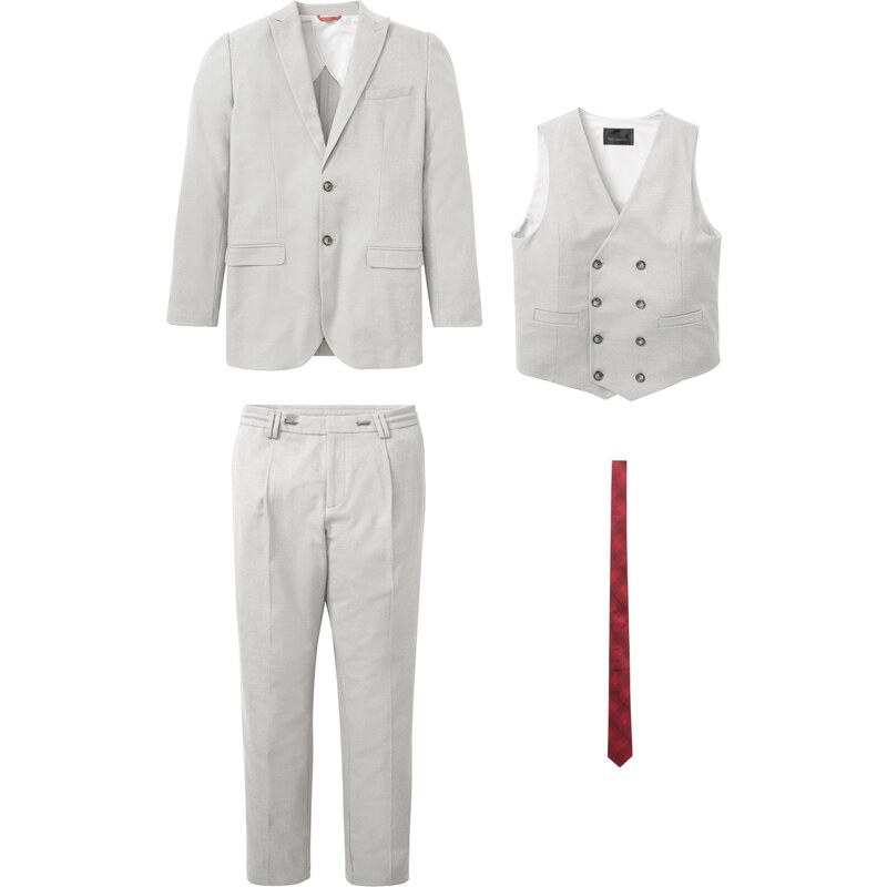 bonprix Oblek (4dílná souprava): sako, kalhoty, vesta, kravata Šedá