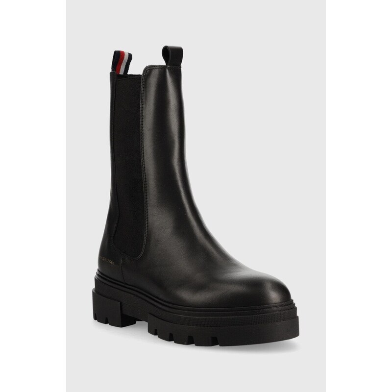 Kožené kotníkové boty Tommy Hilfiger Monochromatic Chelsea Boot dámské, černá barva, na plochém podpatku