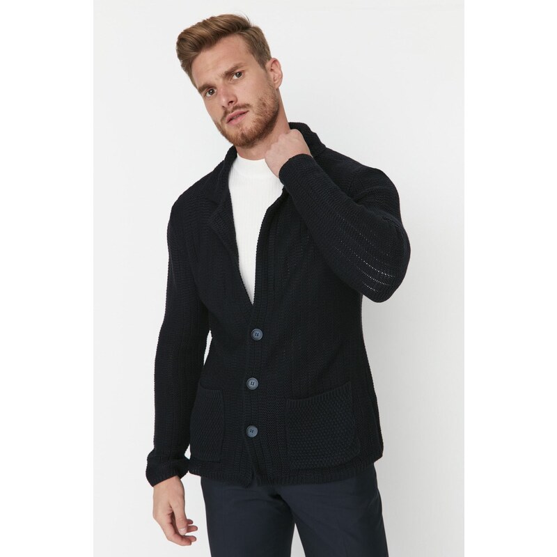 Trendyol Navy Blue Men's Slim Fit Buttoned Knitwear Cardigan