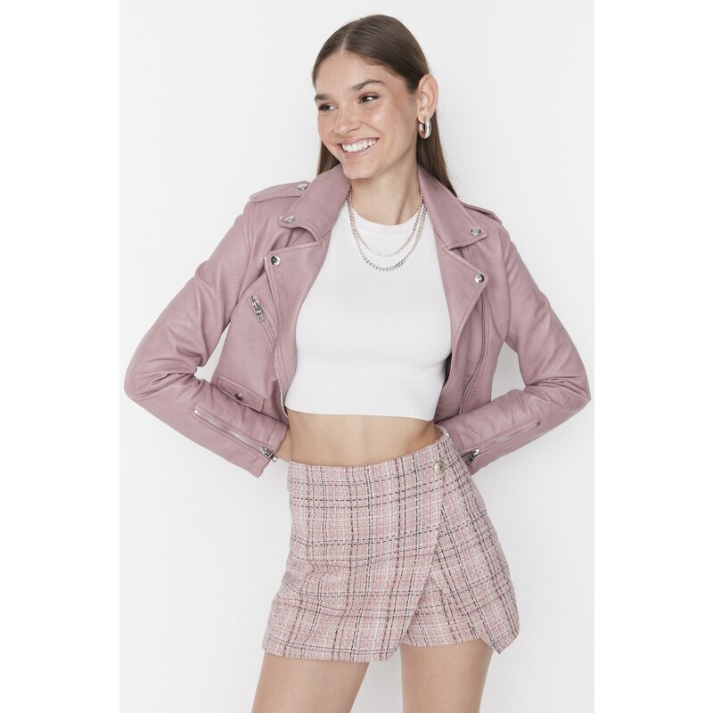 Trendyol Pink High Waist Tweed Woven Shorts Skirt