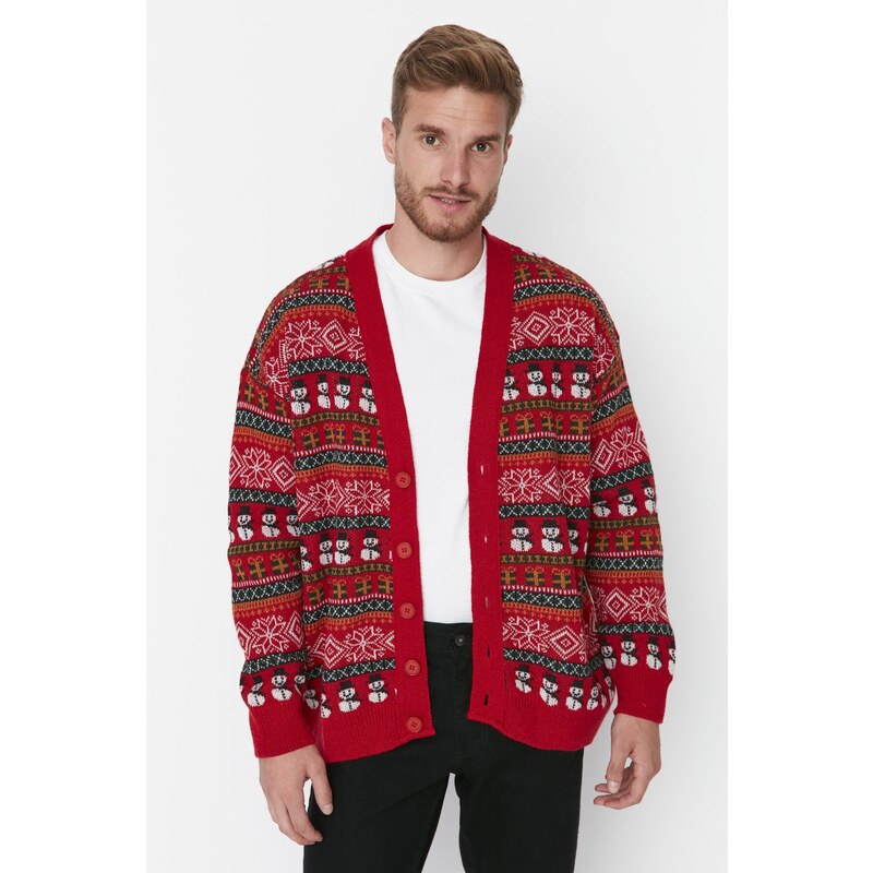 Trendyol Multi-colored Men's Oversize Fit Wide-Mount Christmas Knitwear Cardigan.