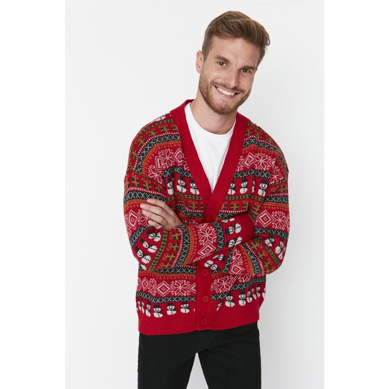 Trendyol Multi-colored Men's Oversize Fit Wide-Mount Christmas Knitwear Cardigan.