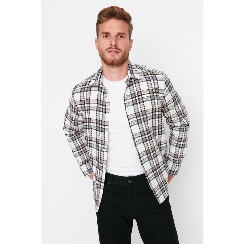 Trendyol Beige Unisex Regular Fit Plaid Tweed Shirt