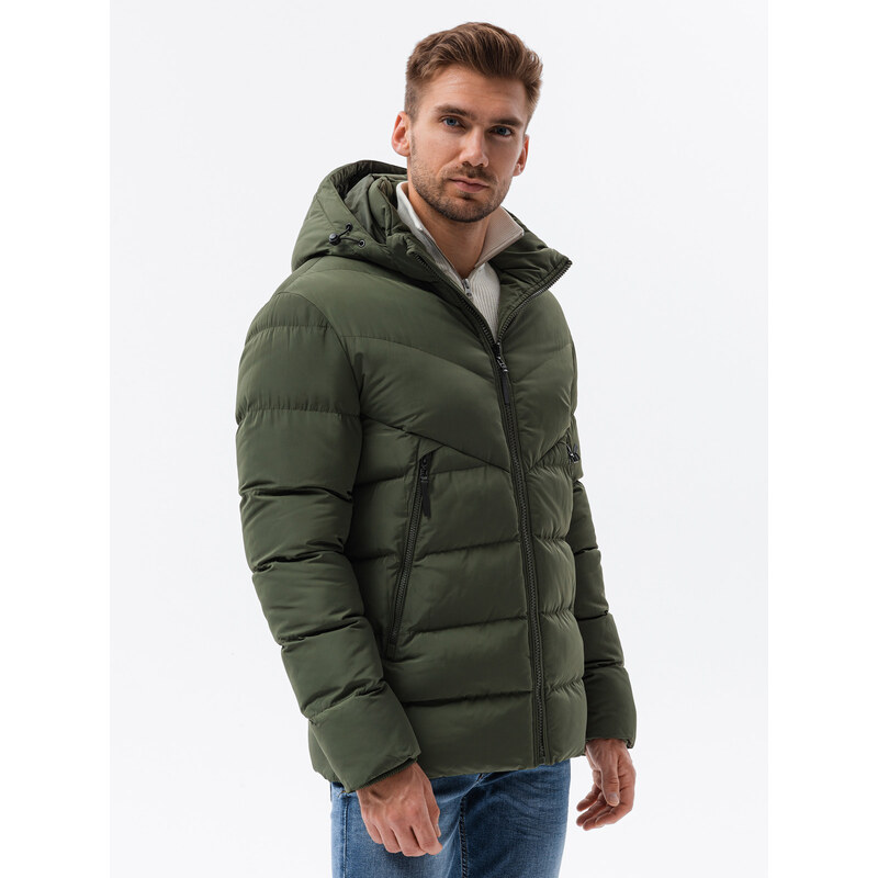 Ombre Clothing Pánská zimní bunda s neobvyklým prošíváním - tmavě zelená V2 OM-JAHP-0127