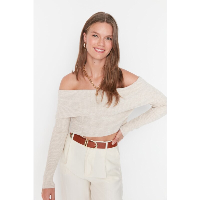 Trendyol Stone Crop Carmen Collar Pletený svetr