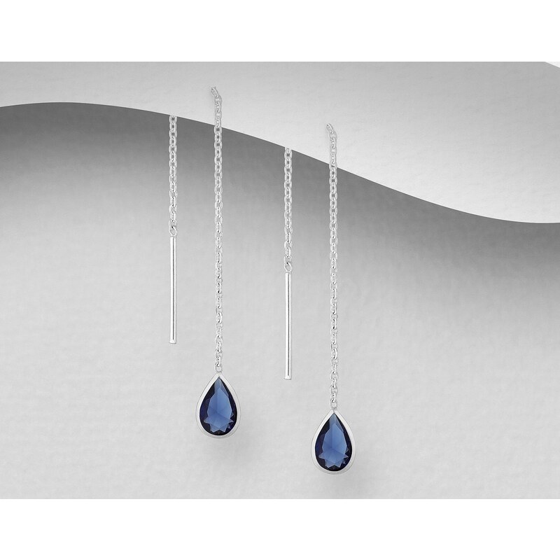 SYLVIENE Stříbrné provlékací řetízkové náušnice Kapka se Zirkonem Blue 73401082