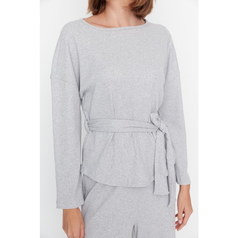 Trendyol Gray Sash Detail Ribbed Wide Fit Knitted Pajamas Set