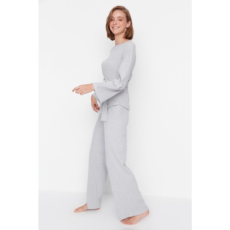 Trendyol Gray Sash Detail Ribbed Wide Fit Knitted Pajamas Set