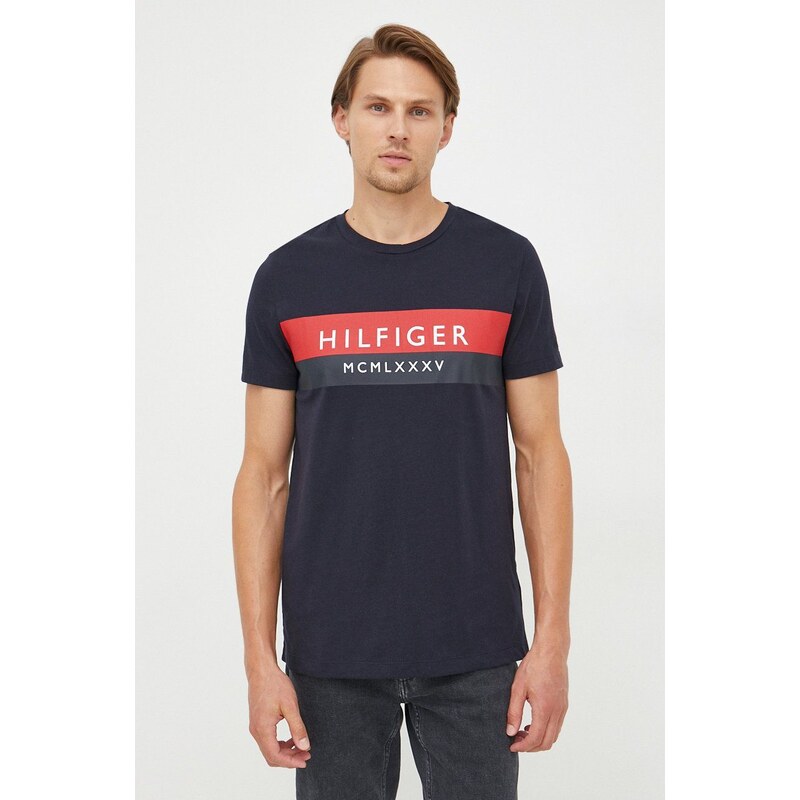 Bavlněné tričko Tommy Hilfiger tmavomodrá barva, s potiskem