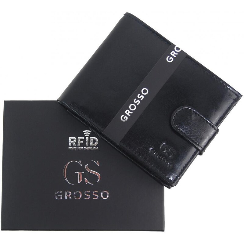 GROSSO Kožená lesklá pánská peněženka černá RFID se zápinkou v