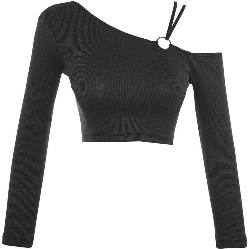 Trendyol Black Fitted Crop With Accessory Detail Piping, Flexible Knitted Blouse with Crop