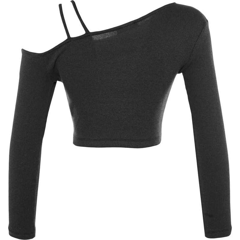 Trendyol Black Fitted Crop With Accessory Detail Piping, Flexible Knitted Blouse with Crop