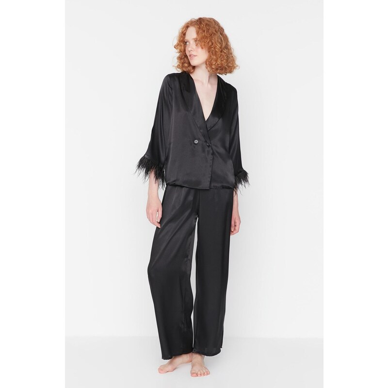 Trendyol Black Feather Detailed Satin Shirt-Pants Woven Pajama Set