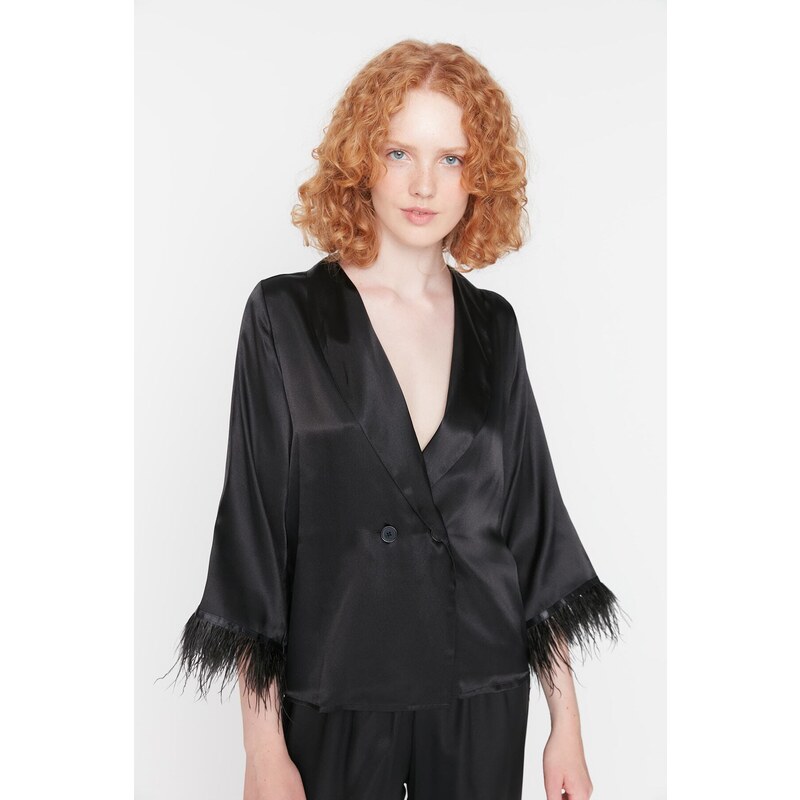 Trendyol Black Feather Detailed Satin Shirt-Pants Woven Pajama Set