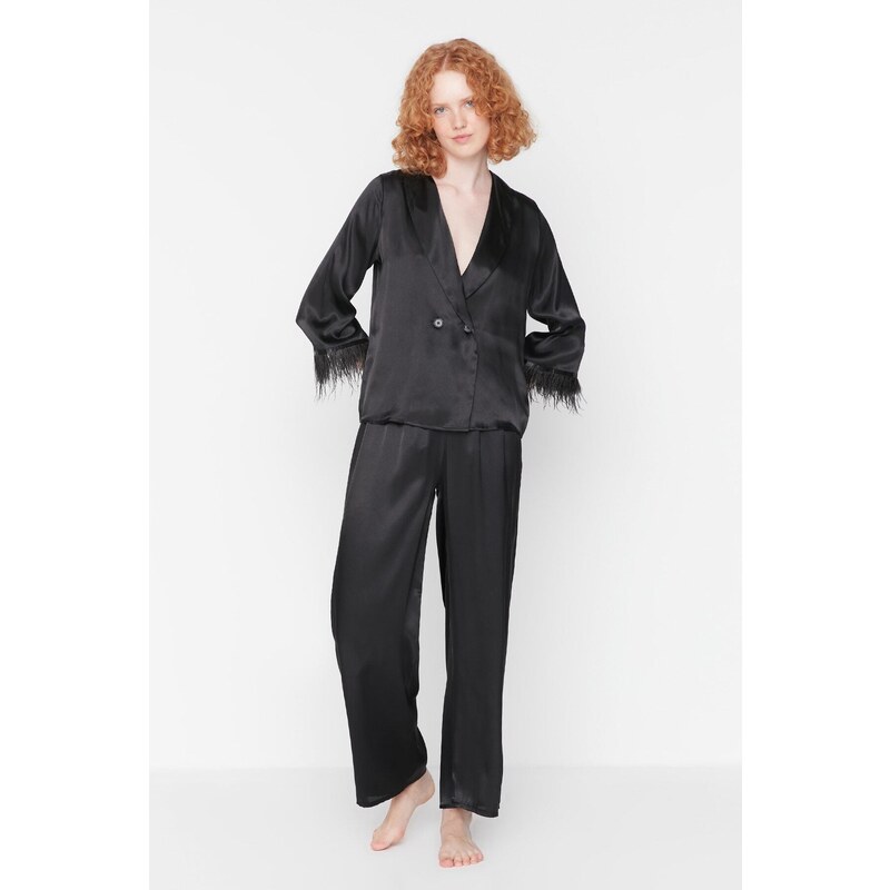 Trendyol Black Feather Detailed Satin Shirt-Pants Woven Pajama Set