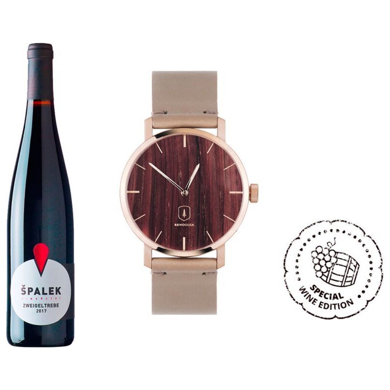 Take a shot Dřevěné hodinky Red Wine Watch s řemínkem z pravé kůže