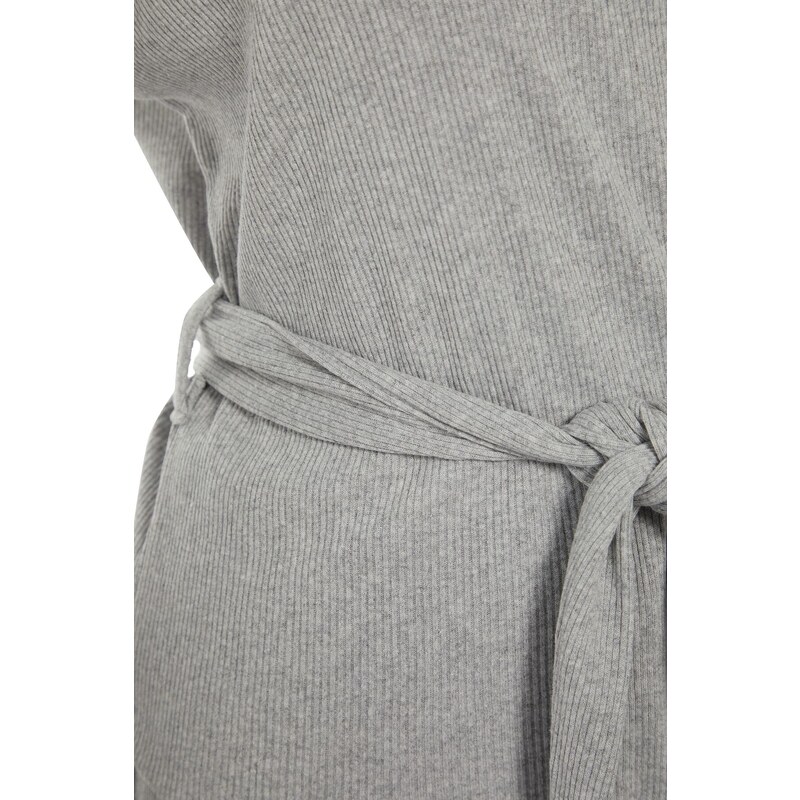 Trendyol Gray Sash Detail Ribbed Wide Fit Knitted Pajamas Set