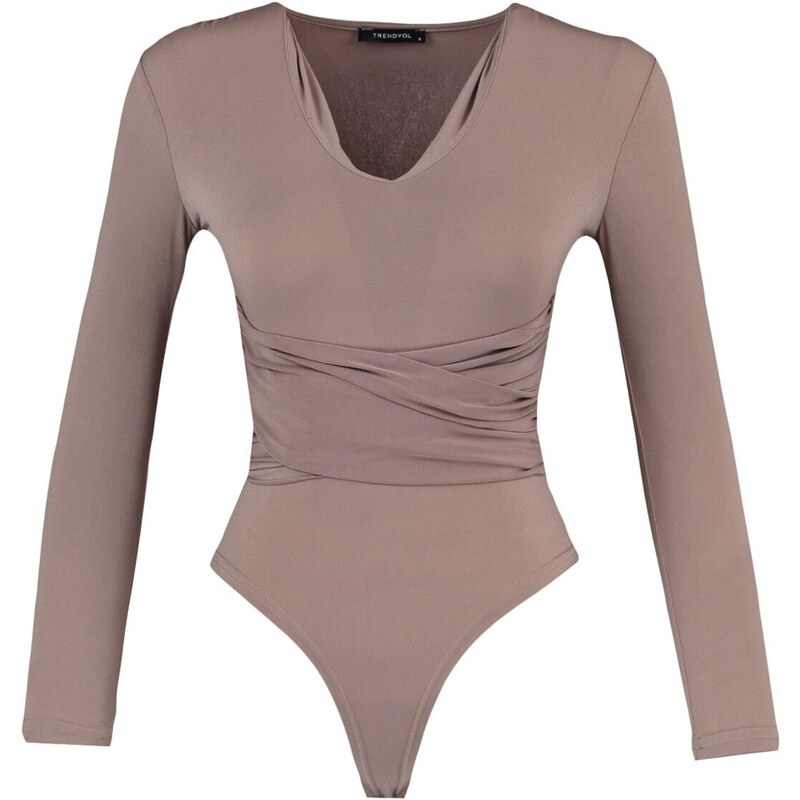 Trendyol Beige Ruffle Detailed V-Neck Flexible Knitted Body With Snap Button