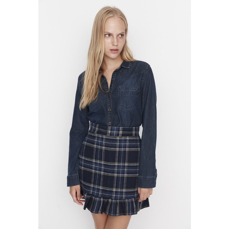 Trendyol Blue Checked Patterned Mini Woven Mini Skirt with Ruffles