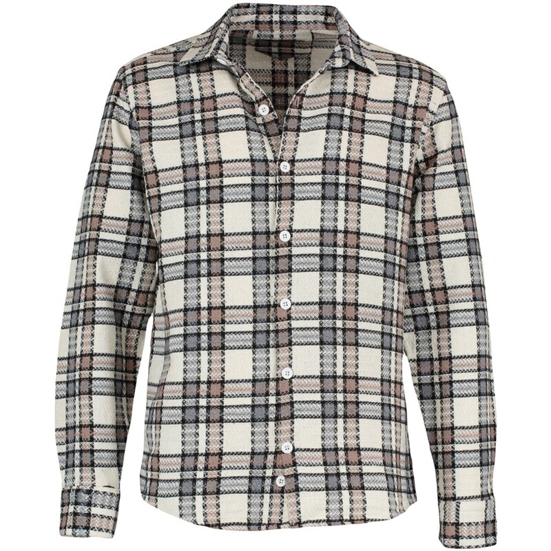 Trendyol Beige Unisex Regular Fit Plaid Tweed Shirt