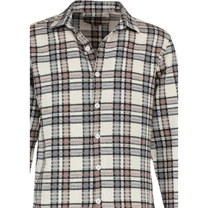 Trendyol Beige Unisex Regular Fit Plaid Tweed Shirt