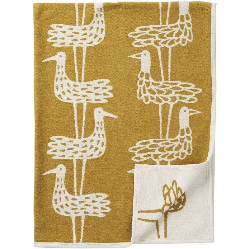 Klippan Švédsko Bavlněná deka chenille Shore birds mustard 140x180