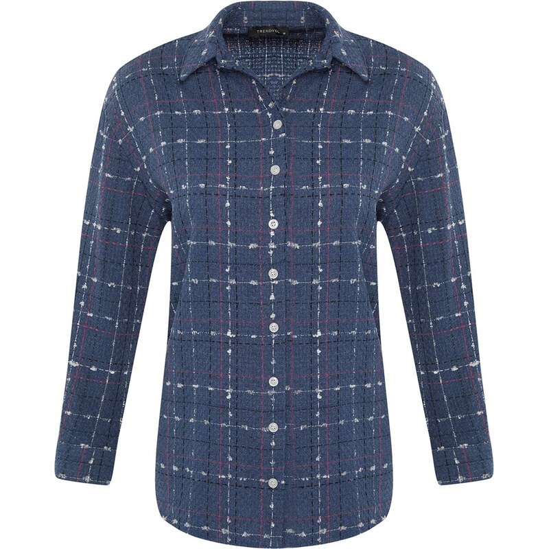 Trendyol Blue Woven Basic Tweed Checked Shirt