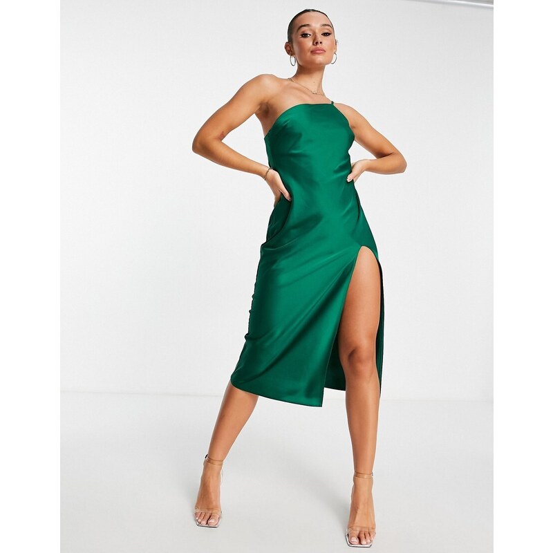 ASOS DESIGN one shoulder satin midi dress in forest green 100041320