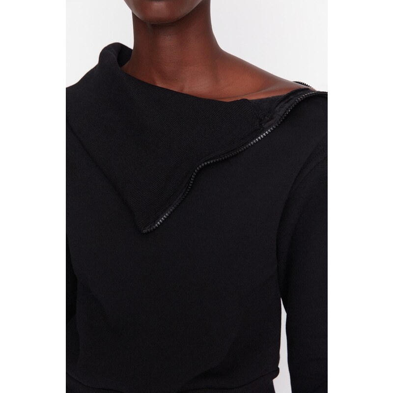 Trendyol Black Collar with Rib and Zipper Detail, Fleece Inside, Knitted Sweatshirt