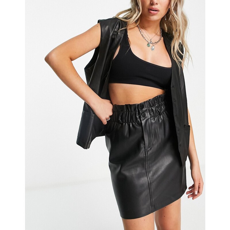 ONLY faux leather paperbag waist mini skirt in black