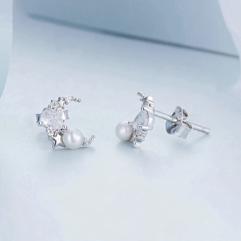 GRACE Silver Jewellery Stříbrné náušnice s perlou Moon & Pearl, stříbro 925/1000