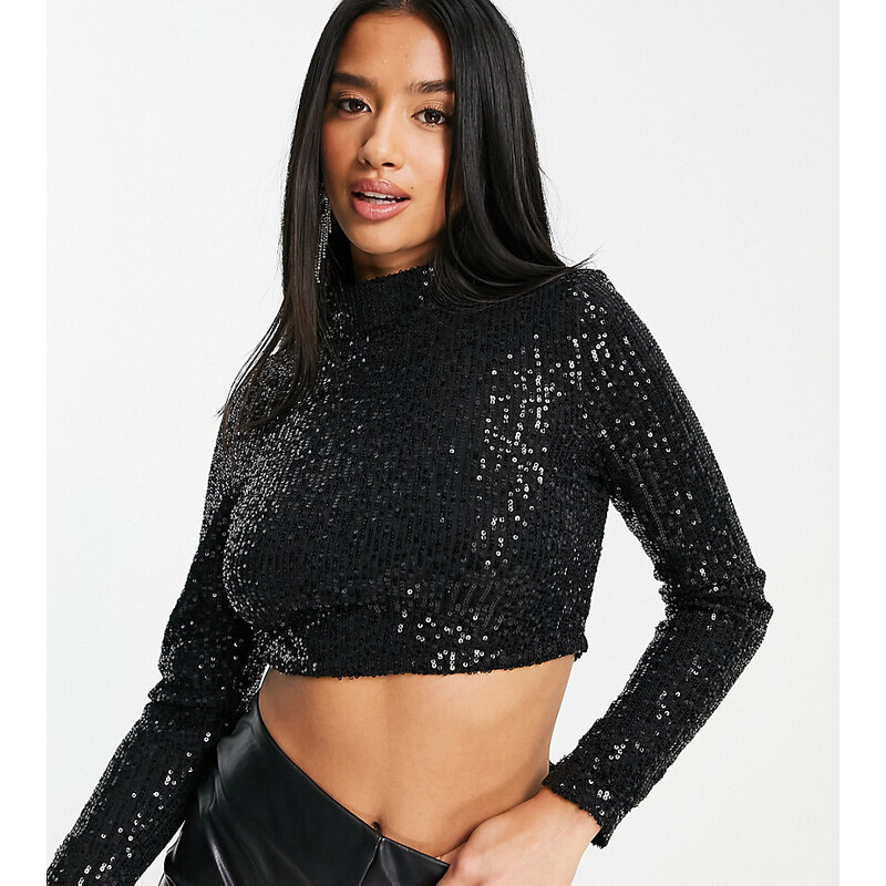In The Style Petite exclusive sequin high neck top in black 73581681