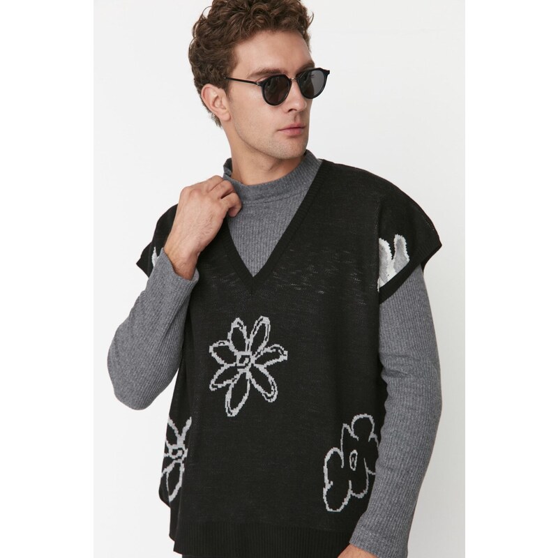 Trendyol Black Unisex Oversize Fit Wide Fit Floral Patterned Knitwear Sweater