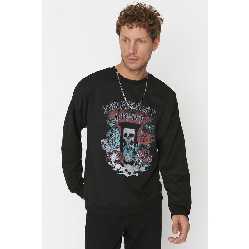 Trendyol Black Oversize/Wide-Fit Crew Neck Rock Theme Sweatshirt