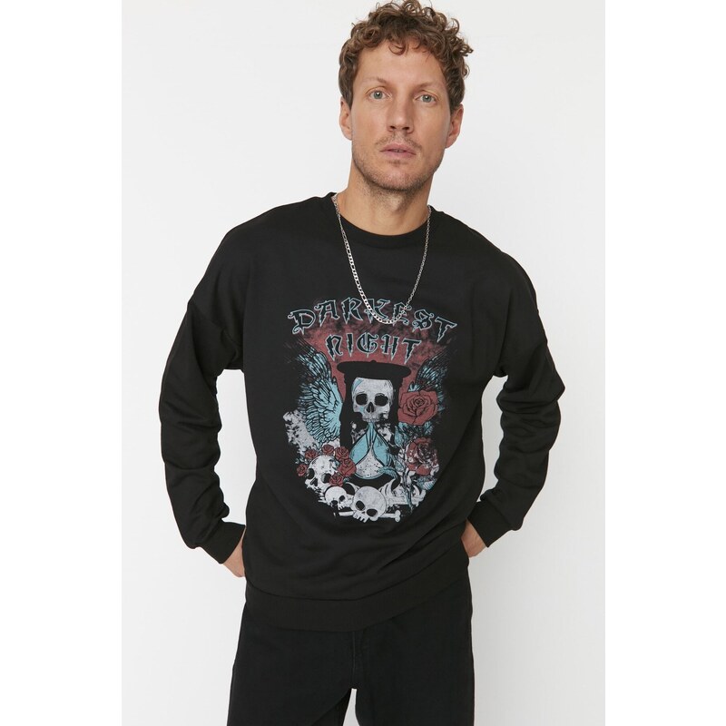 Trendyol Black Oversize/Wide-Fit Crew Neck Rock Theme Sweatshirt