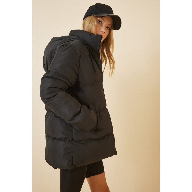 Happiness İstanbul Dámský černý oversize péřový kabát s kapucí