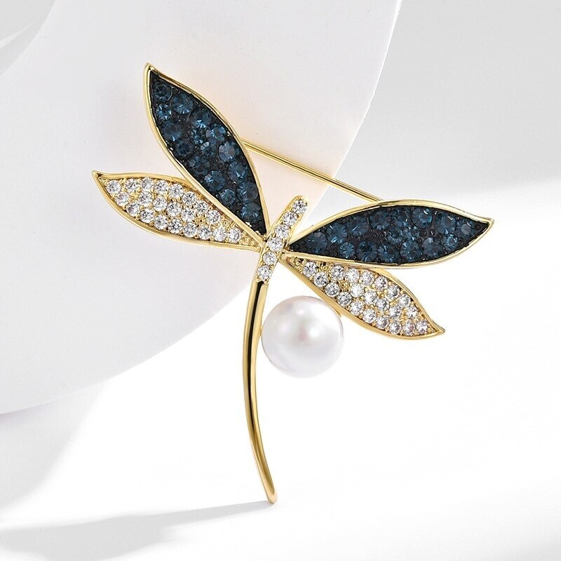 Éternelle Luxusní brož s perlou a zirkony Noema Gold - vážka