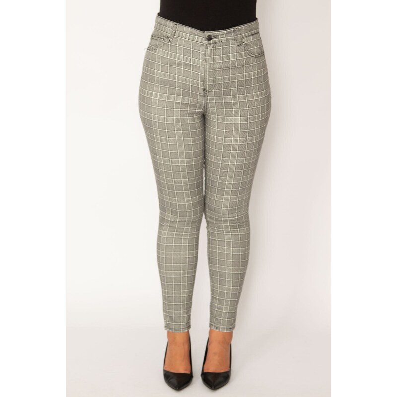 Şans Women's Plus Size Gray Checkered 5-Pocket Trousers