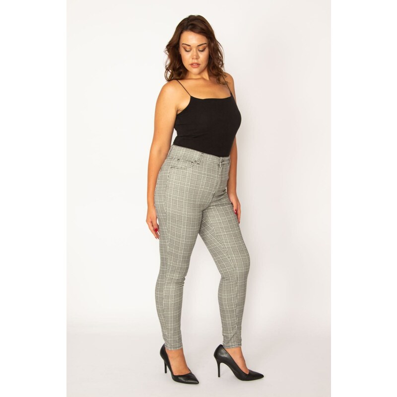 Şans Women's Plus Size Gray Checkered 5-Pocket Trousers