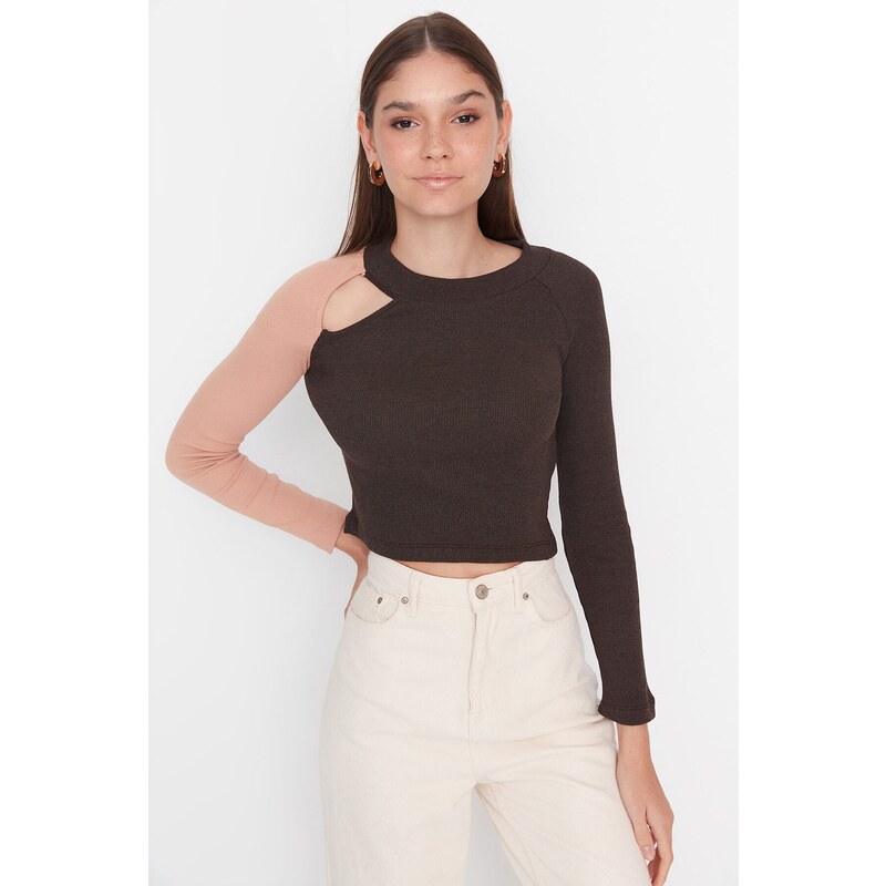 Trendyol Brown Color Block Cut Out Detailed Fitted/Skinned Ribbed Stretch Knit Blouse