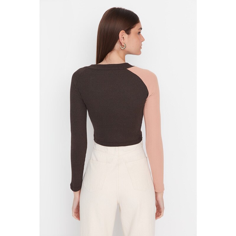 Trendyol Brown Color Block Cut Out Detailed Fitted/Skinned Ribbed Stretch Knit Blouse