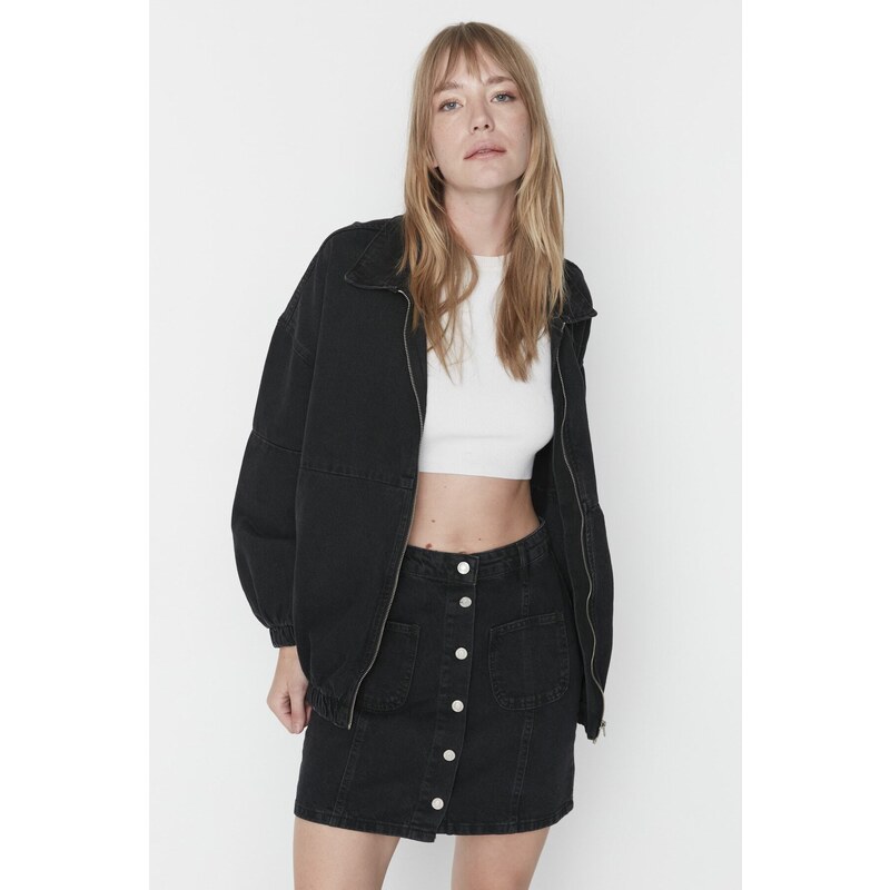 Trendyol černá oversized džínová bunda bomber na zip