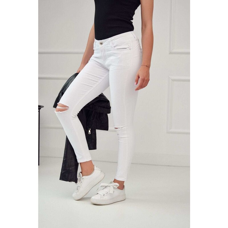 FASARDI Bílé džínové džíny s dírami na kolenou