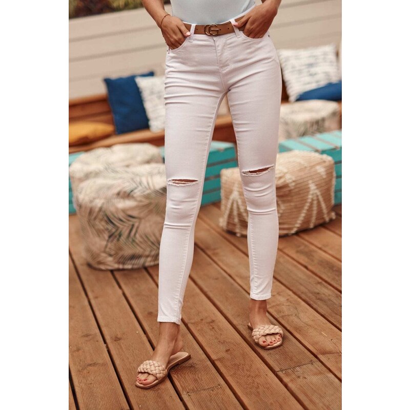 FASARDI Bílé džínové džíny s dírami