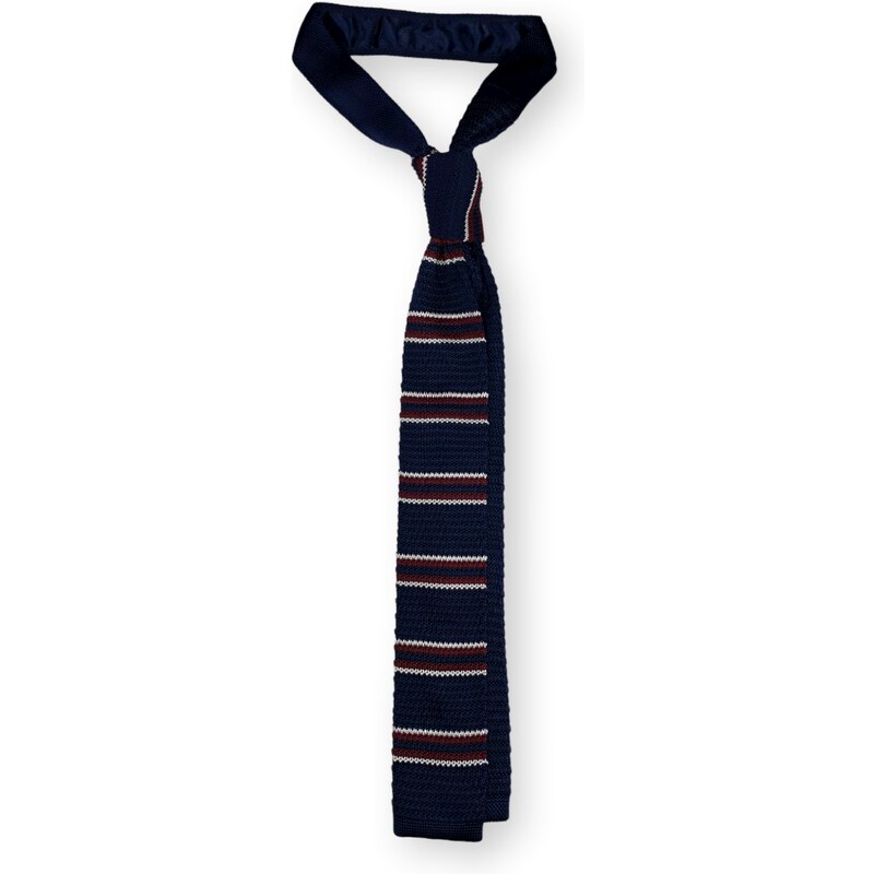 Kolem Krku Tmavě modrá pletená kravata s vínovými a bílými proužky