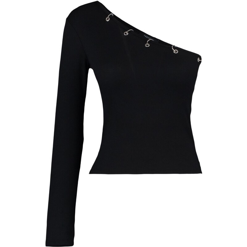 Trendyol Black Ribbed Eyelets Detailed Fitted Knitted Blouse