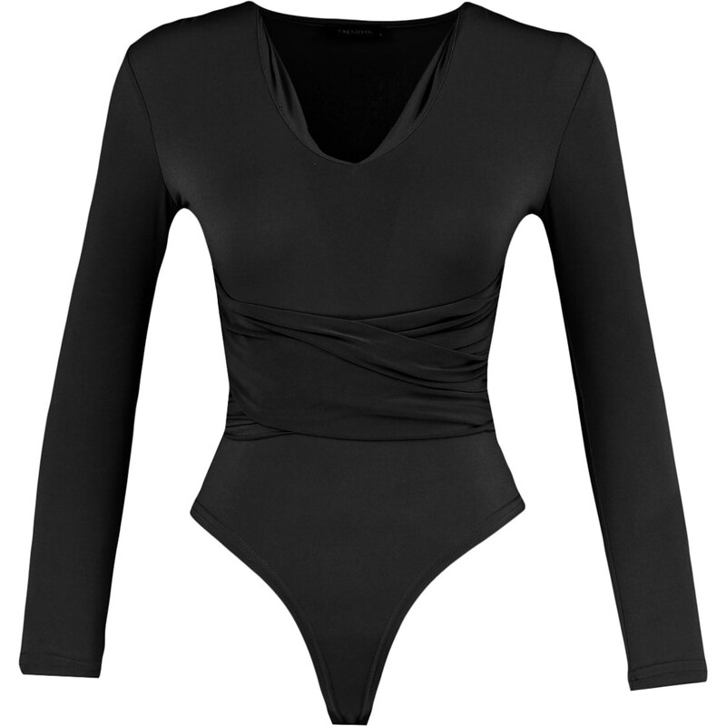 Trendyol Black Shirring Detailed V-Neck Flexible Knitted Body With Snap Button