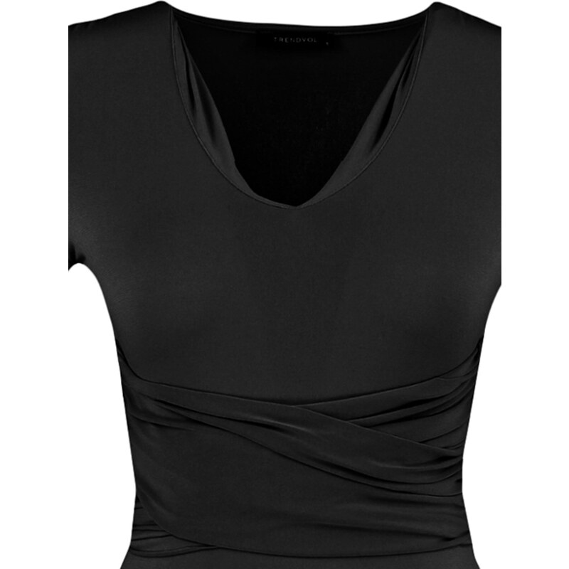 Trendyol Black Shirring Detailed V-Neck Flexible Knitted Body With Snap Button