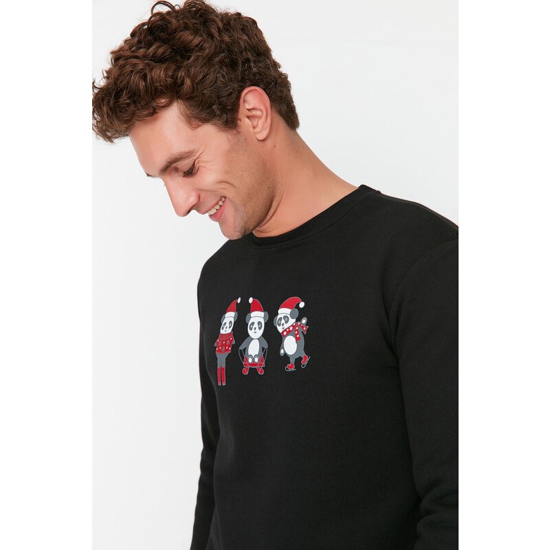Trendyol Black Men's Regular/Normal Cut Christmas Themed Printed Fleece Inside Sweatshirt